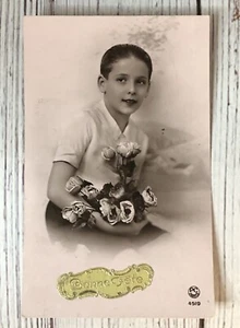 RPPC Bonne Fete Boy Holding Roses Happy Birthday FRANCE Greeting Postcard - Picture 1 of 5