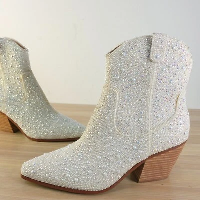 White Western Boots 9 Betsey Johnson Shoes Womens Bootie Pearls Pointed SB Diva - Image 1 of 4