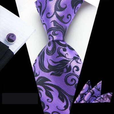 Clásico Floral Púrpura Negro Jacquard Seda Para Hombre Corbata Corbata Pañuelo Conjunto de Gemelos Foto 1 de 4