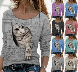 Womens Cat Blouse Loose Tee Long Sleeve Ladies Pullover T Shirt Tops Plus Size - Picture 1 of 7