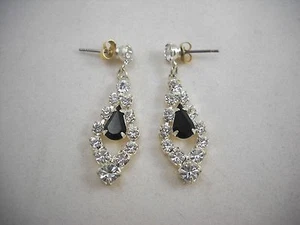 Bridal CZ & Black Rhinestone Dangle Pierced Earrings Gorgeous! - Picture 1 of 3