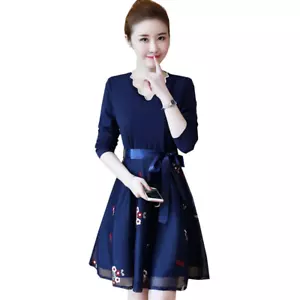 Embroidery Lady Lace Mesh Dress Splice Knitted A-line V-neck Sweater Jumper Chic - Bild 1 von 18