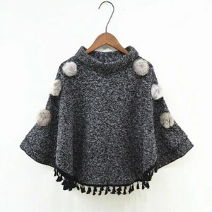 Lady Pom Pom Knitted Poncho Cape Shawl Wrap Bell Batwing Sleeve Tassel Tops Cute - Picture 1 of 14