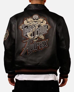 Men’s Twin Dragon Bomber Jacket | Avirex Style Embroidered Leather Coat - Picture 1 of 10