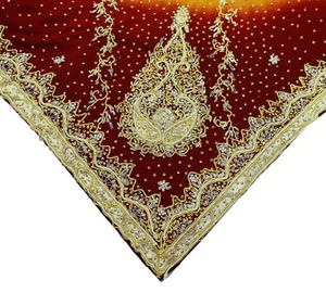 Indian Vintage Heavy Dupatta Pure Satin Silk Long Stole Hand Embroidered Veil - Picture 1 of 22