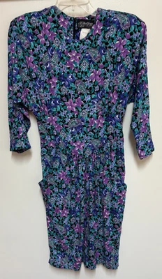 Vestido de té floral azul y púrpura vintage ALL THAT JAZZ Cottagecore talla 9/10 Foto 1 de 4