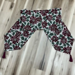 Vtg Long Tapestry Table Runner Floral Poinsettia Tassels Burgundy Green 87”x12” - Picture 1 of 10