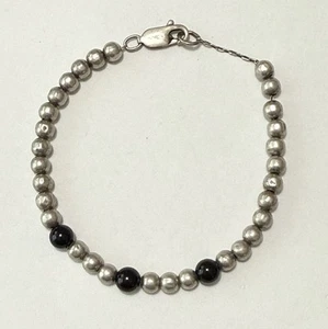Vintage DOBBS Sterlingsilber & schwarzer Onyx Kugelarmband aufgereiht an Kette 7-1/4 Zoll - Bild 1 von 14