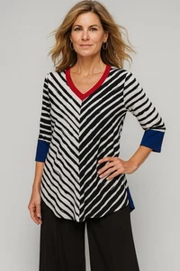 IC BY CONNIE K shirt top tunic striped knit 3/4 sleeve pockets v neck LARGE - Picture 1 of 9
