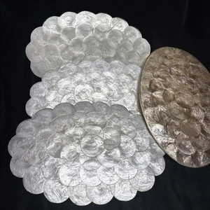 Vintage Capiz Shell Oval Placemat Gold Edge X1 Cork Back 18” Scalloped Edge X3 - Picture 1 of 4