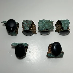 RARE Tulla Booth Brass with Black Onyx Napkin Rings 6pc Verdigris Place Holders - Picture 1 of 20