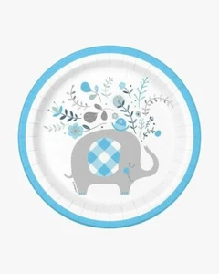 Floral Elephant Blue 8 ct Dessert Cake 7" Plates Boy Baby Shower - Picture 1 of 1