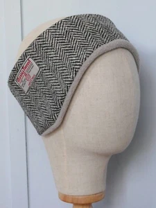 Harris Tweed Headband , Dark Grey Beige Herringbone lined with Grey Fleece. - Picture 1 of 4