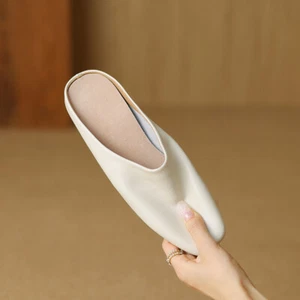 French Style Womens Real Leather Slip On Loafers Slippers Mules Shoes Square Toe - Picture 1 of 26
