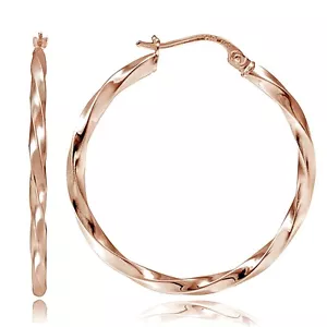 Rose Gold Tone over Sterling Silver 2mm Twist Round Hoop Earrings, 40mm - Picture 1 of 1