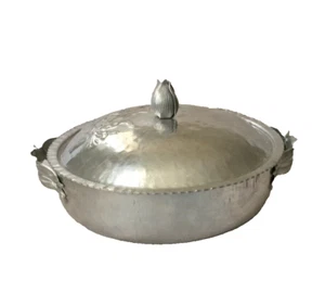 Vintage Hammered Aluminum Pot with Tulip Pattern Lid and Floral Handles - Picture 1 of 6