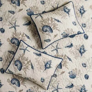 NEW! ~ COZY BEACH HOUSE COASTAL SEASHELL NAUTICAL SHORE BLUE WHITE QUILT SET - Picture 1 of 6