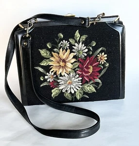 Vintage Antique Petit Point Needlepoint Shoulder Purse ADG Fashion Imports Black - Picture 1 of 10
