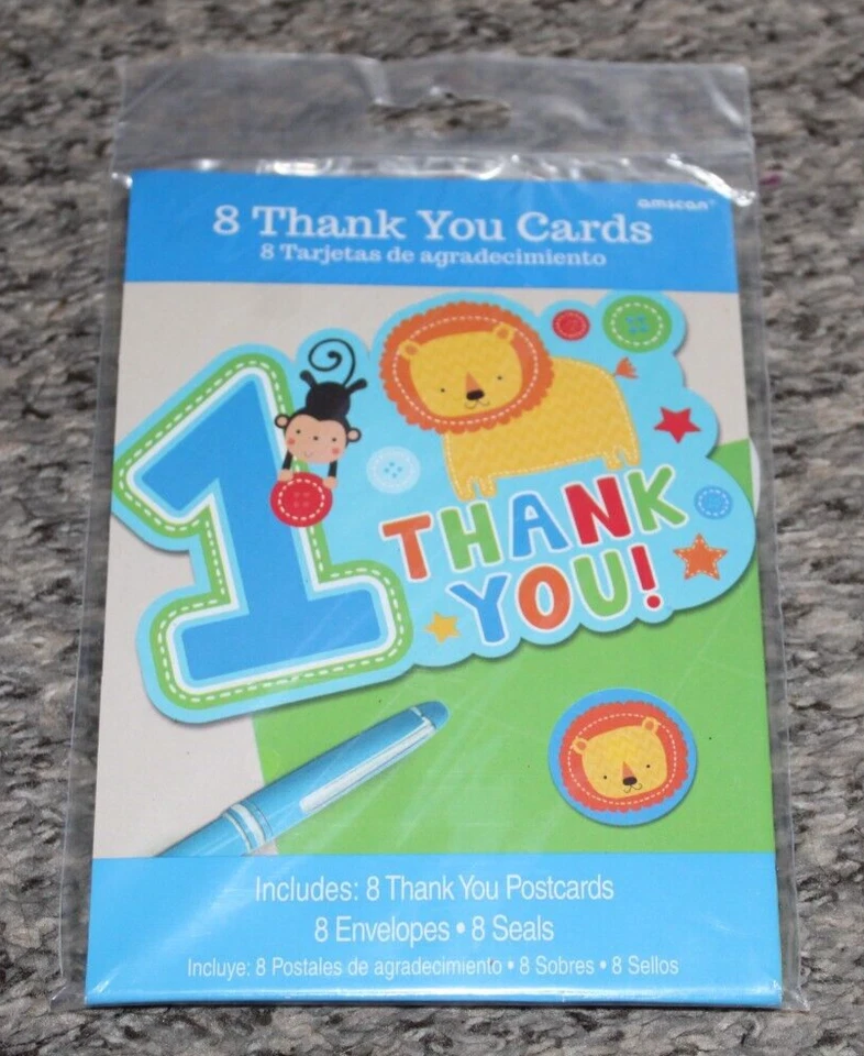 1er CUMPLEAÑOS NIÑOS FIESTA CUMPLEAÑOS TARJETAS DE AGRADECIMIENTO MONO LEÓN 8 UNIDADES Foto 1 de 4