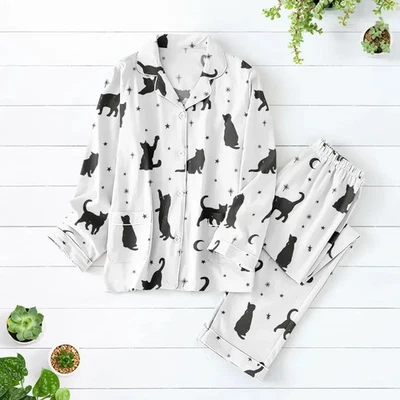 Unisex Black Cat Pajama Set Long Sleeve Button Top & Pants S-5XL Sleepwear - Image 1 of 4