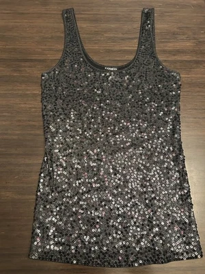 Camiseta sin mangas Express negra brillante lentejuelas camisa camisola fecha noche talla M Foto 1 de 3