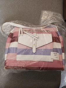 Liz Claiborne Evelyn North South Women Crossbody Bag Purse Stripped White Pink - Picture 1 of 5