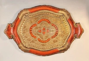 Vassoio fiorentino 17,375" x 11,5" smerlato simile al legno oro con accenti arancioni - Foto 1 di 13