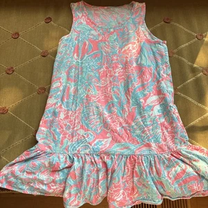 Girls Lilly Pulitzer Pink Blue White Cotton Ruffle Tank Dress 8 10 EUC - Picture 1 of 4