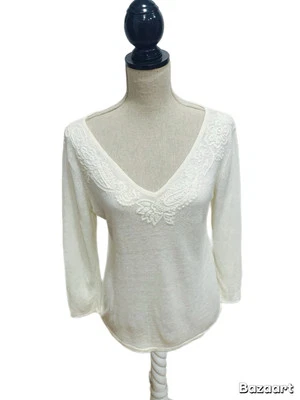 Suéter feminino Ralph Lauren de linho mangas 3/4 cor creme tamanho: grande - Imagem 1 de 4