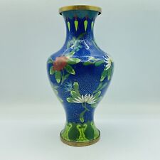 Vintage Chinese Cloisonne 9 1/4” Tall Vase Black Geometric Zipper & Flowers