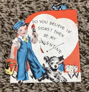 Vintage Valentines Day Card Boy Dog Painting Do You Believe in Signs - Picture 1 of 3