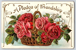 Cartolina Pledge of Friendship Fiori Rose Cesto WINSCH Non Inpostata In rilievo DB - Foto 1 di 2