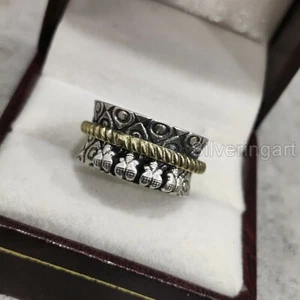 925 STERLING SILVER TWO TONE SPINNER BAND WEDDING HAMMERED FLORAL DESIGNER RING - Picture 1 of 5