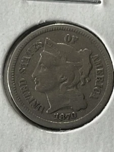 Pieza de níquel de tres centavos 1870 3C sin clasificar - Imagen 1 de 3