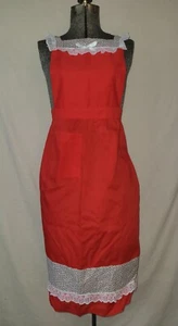 Vintage Full Apron Pinafore Red Lace Christmas Handmade Ruffles 70s - Picture 1 of 16