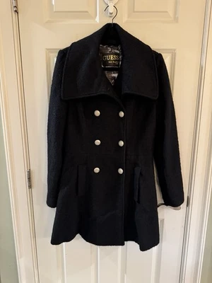 Guess L Wool Blend Fit and Flare Pea Coat Black Gold Button Lined Womens 90s Gem - Image 1 of 4