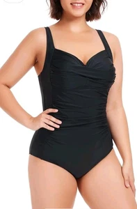 Ocean Blues Women's Black Plunge Neck Runched Front One Piece Swimsuit XL $120 - Picture 1 of 5