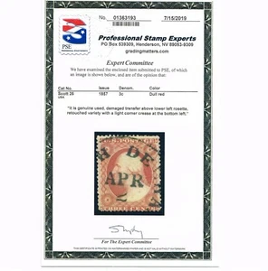 GENUINE SCOTT #26 F-VF USED PSE CERT 1857 DULL RED TYPE-III DAMAGED TRANSFER - Picture 1 of 3