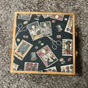 Vintage Fabric Covered Wicker Sewing Basket Lined Inside 10 3/4” x 10 3/4” - Picture 1 of 14