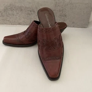 Coldwater Creek Western Brown Tooled Leather Slip On Mules 2.5" Heel Women's 7 - Picture 1 of 10