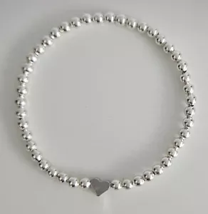 Silver Plated Bead Bracelet with Silver Heart Charm  - 5 Sizes - Stretch / Stack - Picture 1 of 7