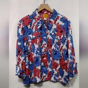 Ruby Rd. Floral 100% Linen Jacket Womens XL Blue Red Retro Artsy Festival 90s - Picture 1 of 7