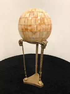 Vintage Brass Tripod Stand with Rams holding Inlaid Bone Carpet Ball - Picture 1 of 11