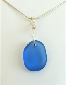 Sea glass jewelry BLUE sapphire color  handmade 925 20" Pendant Necklace - Picture 1 of 10