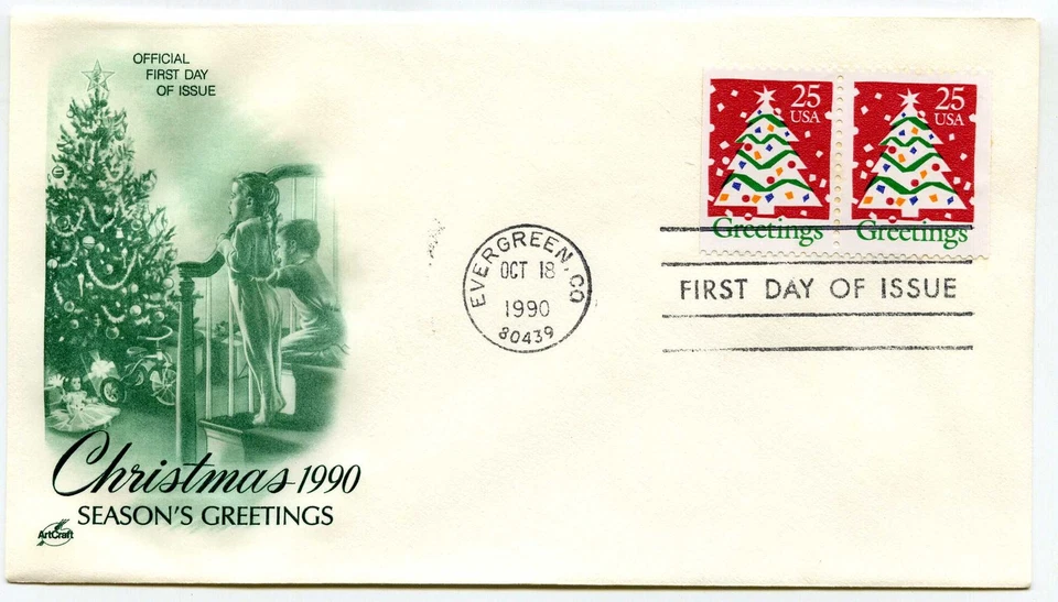 2516 (2516v) Christmas 1990, Christmas Tree  ArtCraft booklet pair FDC - Image 1 of 1