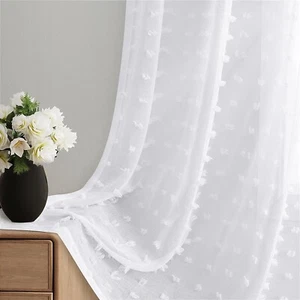 White Sheer Boho Pom Pom Curtains for Living Room, Bedroom - 2 Panels Set - Picture 1 of 6
