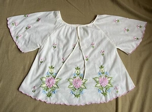 Women’s Vintage Embroidered Top Blouse sheer 60s white- pink - green size M - Picture 1 of 12