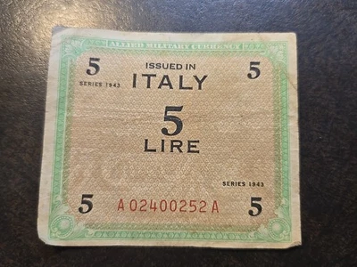 1943 Italy 5 Lire WWII Allied Military Currency Payment Certificate MPC Banknote - Image 1 of 2