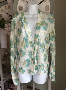 Cárdigan para mujer Nic & Zoe ligero crudo/turquesa floral mezcla de lino talla L - Imagen 1 de 7