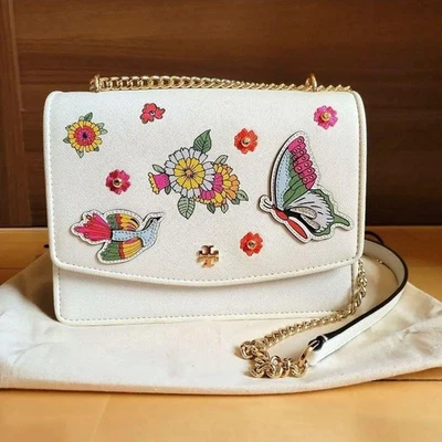 Hermoso Bolso de Hombro Tory Burch Cadena Cuero Con Bordado Blanco × Dorado Foto 1 de 4